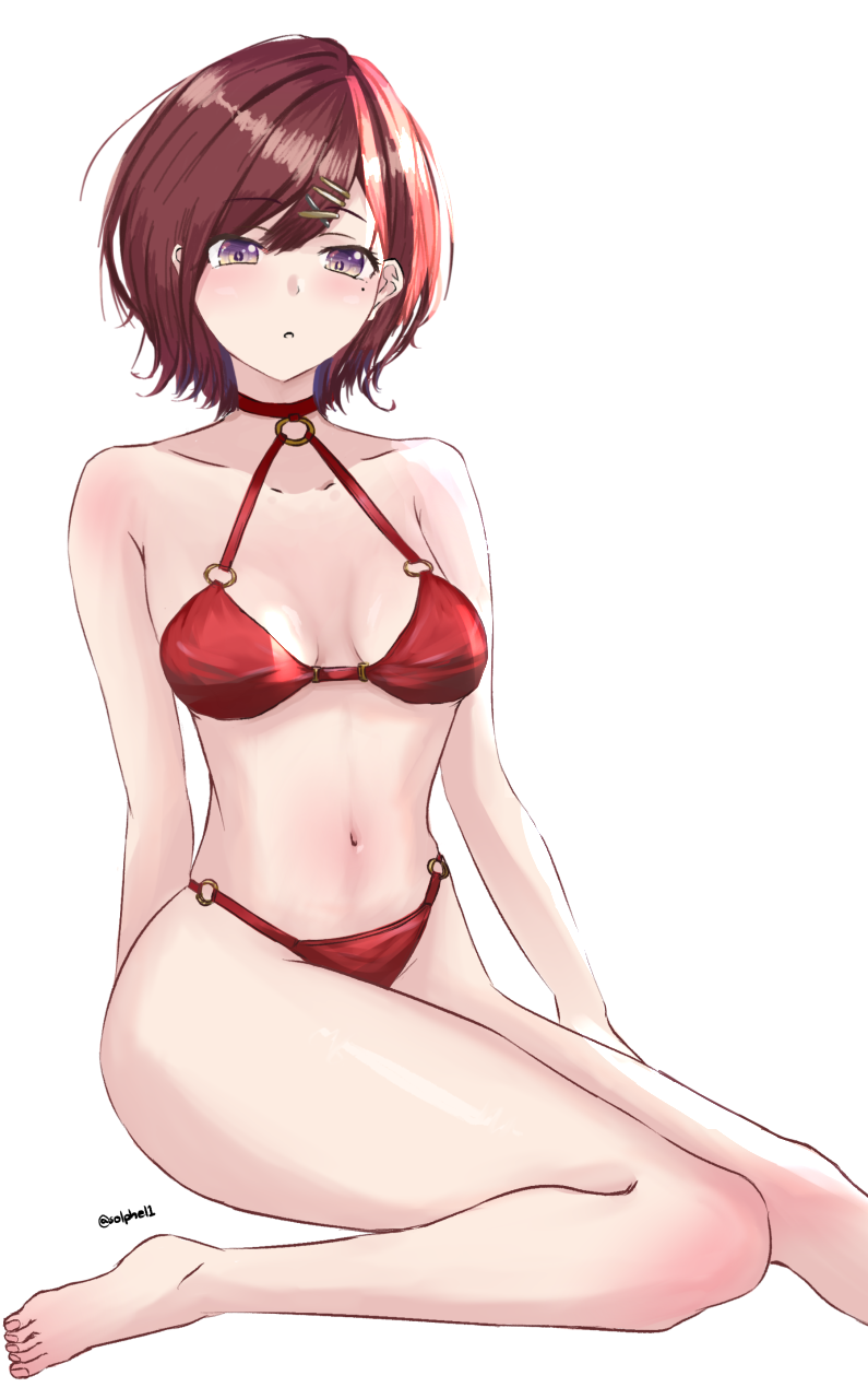 1girl bare_shoulders bikini breasts brown_hair hair_ornament hairclip highres higuchi_madoka idolmaster idolmaster_shiny_colors looking_at_viewer mole mole_under_eye navel o-ring o-ring_bikini o-ring_bottom o-ring_top purple_eyes red_bikini short_hair sitting small_breasts solo solphel swimsuit