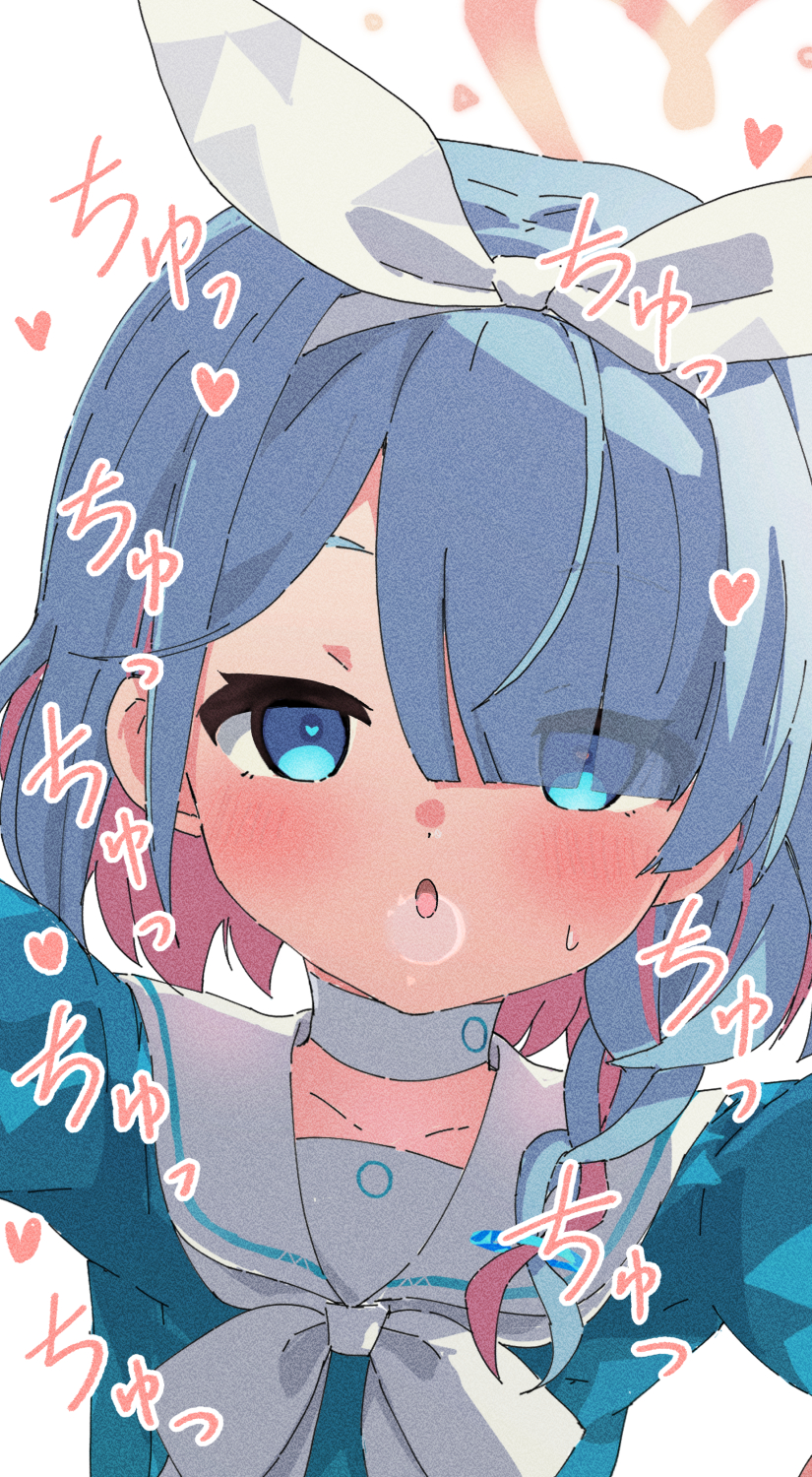 1girl arona_(blue_archive) blue_archive blue_eyes blue_hair blush braid choker fate_(series) hairband halo heart heart-shaped_pupils highres kiss looking_at_viewer multicolored_hair open_mouth pink_hair short_hair solo sweatdrop symbol-shaped_pupils two-tone_hair yucblossom