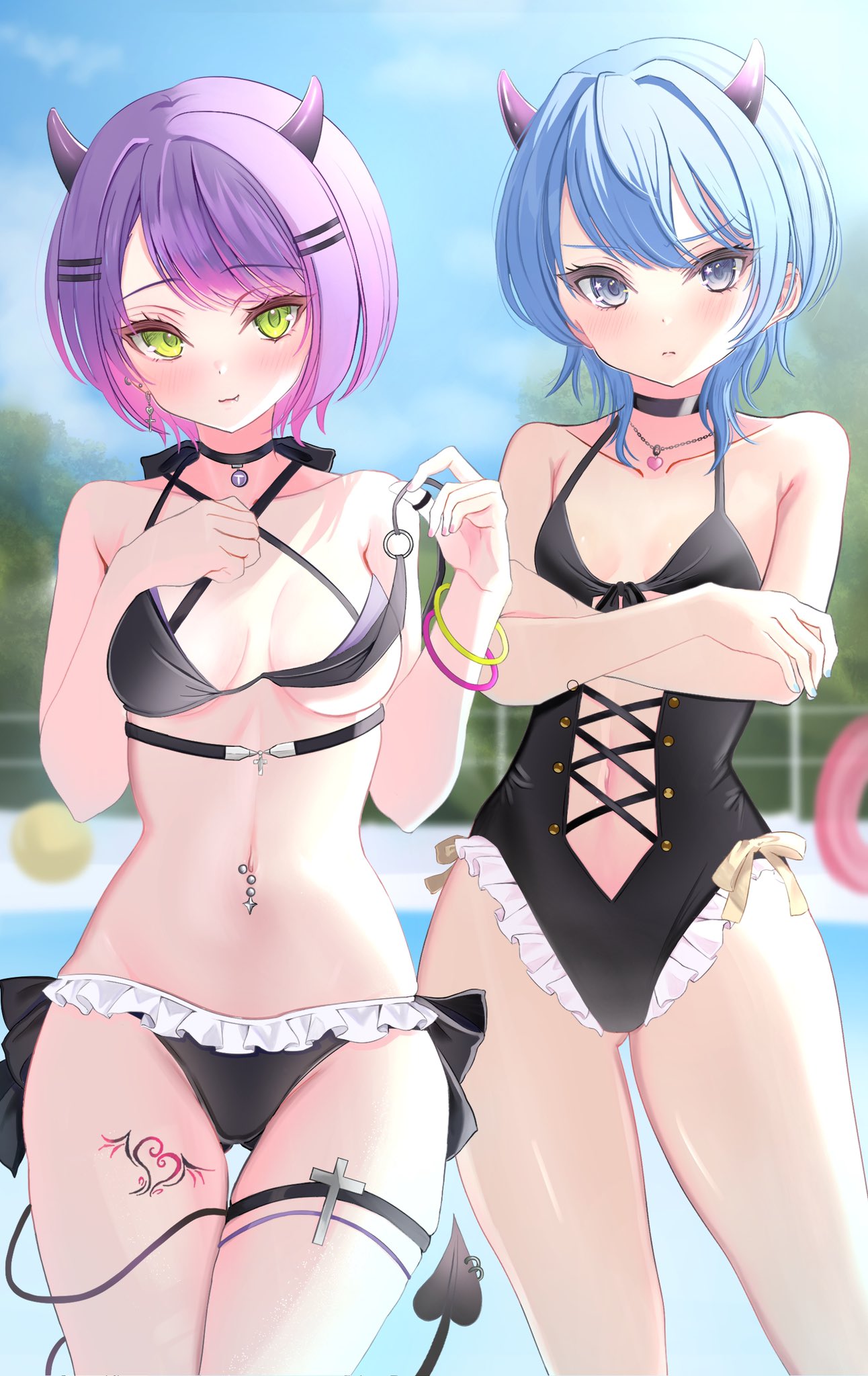 2girls :3 ass_visible_through_thighs bikini blue_eyes blue_hair blush breasts choker clothing_cutout cross-laced_clothes cross-laced_cutout crossed_arms demon_girl demon_horns demon_tail earrings fang fang_out green_eyes hair_ornament hairclip highres hololive horns hoshimachi_suisei jewelry kurusu_rei leg_tattoo long_hair looking_at_viewer multicolored_hair multiple_girls nail_polish navel navel_piercing necklace one-piece_swimsuit outdoors piercing pink_hair pool poolside purple_hair short_hair small_breasts smile stomach_cutout swimsuit tail tattoo thigh_gap thigh_strap tokoyami_towa virtual_youtuber winged_heart_tattoo