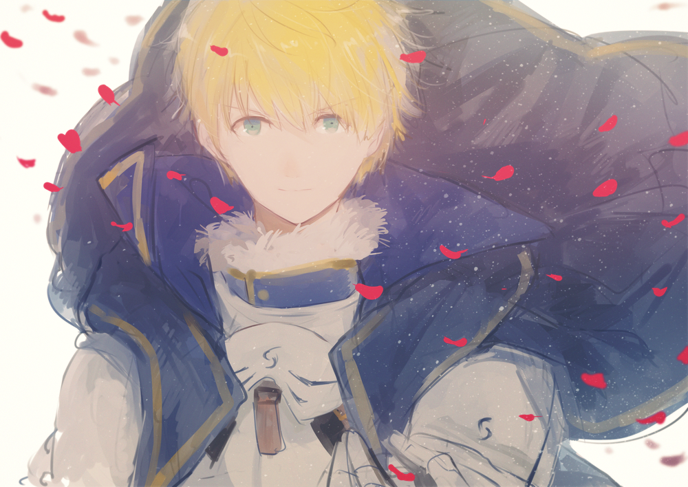 1boy armor arthur_pendragon_(fate) blonde_hair blue_cape breastplate cape closed_mouth ebi_(6_5) falling_petals fate/grand_order fate_(series) fur_trim green_eyes looking_at_viewer male_focus petals short_hair simple_background smile solo upper_body white_background