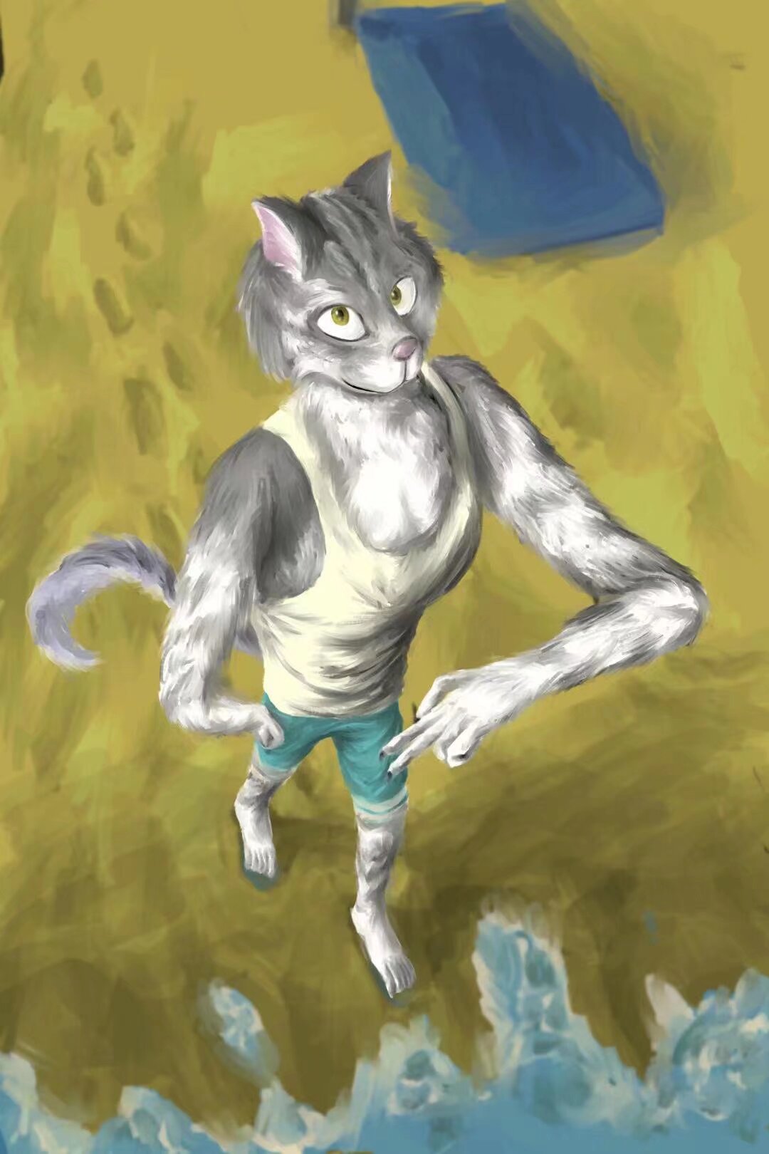 american_shorthair bottomwear clothing domestic_cat erik_rouges_(artist) felid feline felis footsteps fur grey_body grey_fur hi_res looking_at_viewer male mammal pink_ears pose seaside shorts smile solo topwear vest walking wave white_body white_fur