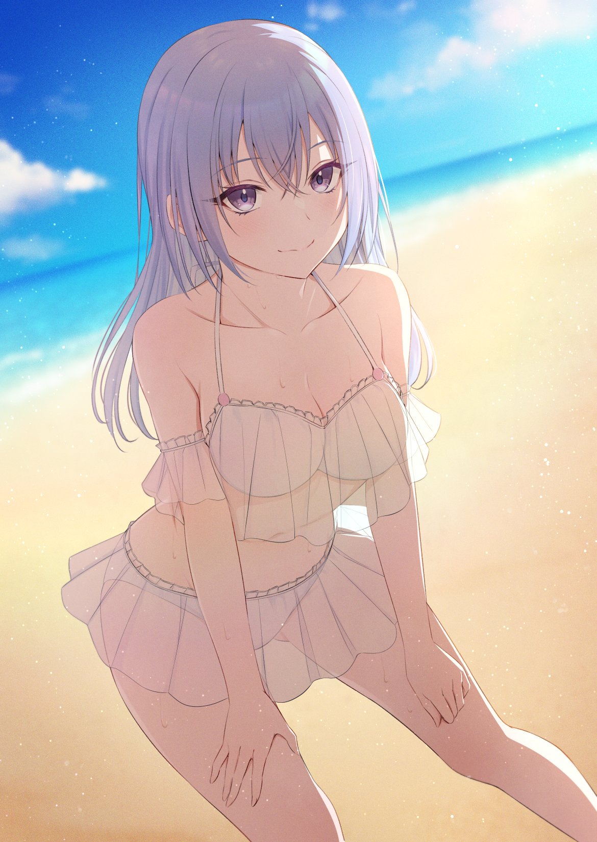 armpit_crease ass_visible_through_thighs bare_shoulders beach blue_hair blue_sky bra breasts cleavage cloud cloudy_sky collarbone frilled_bra frills hands_on_own_thighs highres idolmaster idolmaster_shiny_colors large_breasts light_blush looking_at_viewer miyar2d2 navel ocean panties pleated_skirt purple_eyes see-through see-through_skirt skirt sky smile suzuki_hana sweat underwear white_bra white_panties
