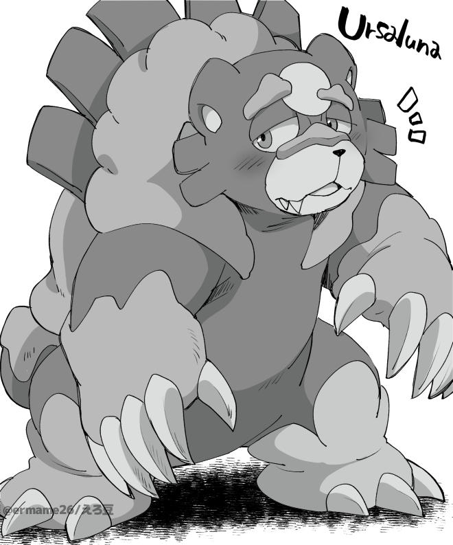 2022 3_toes 5_fingers ambiguous_gender anthro bear blush eromame feet fingers generation_8_pokemon greyscale kemono looking_at_viewer mammal monochrome nintendo pokemon pokemon_(species) simple_background snout solo standing teeth toes ursaluna white_background