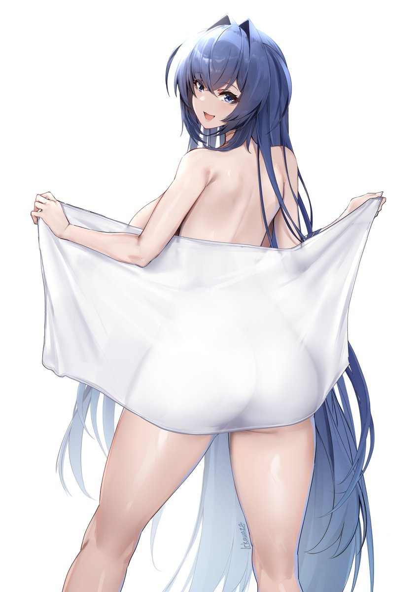 1girl artist_name ass azur_lane blue_eyes blue_hair breasts covering_privates from_behind highres holding holding_towel irkawaza large_breasts long_hair looking_at_viewer looking_back new_jersey_(azur_lane) nude_cover simple_background smile towel uss_new_jersey_(bb-62) very_long_hair white_background white_towel