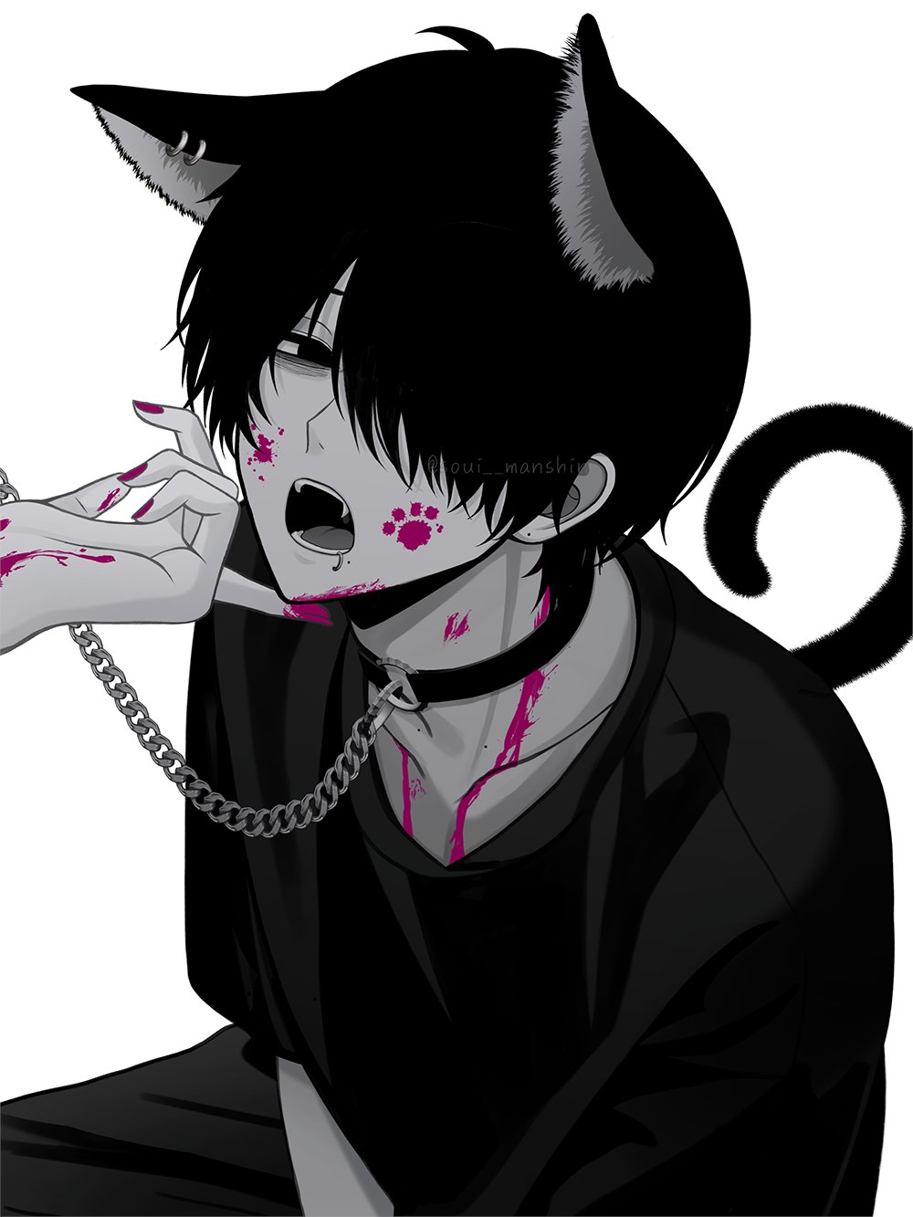 1boy 1other animal_ear_piercing animal_ears bags_under_eyes blood blood_on_face cat_boy cat_ears cat_tail chain collar commentary extra_ears fang greyscale hair_over_one_eye hand_on_another's_chin highres jewelry lip_piercing looking_at_viewer male_focus mole mole_under_mouth monochrome nail_polish open_mouth original paw_print piercing pink_blood pink_nails shirt simple_background solo soui_manshin spot_color symbol-only_commentary tail twitter_username