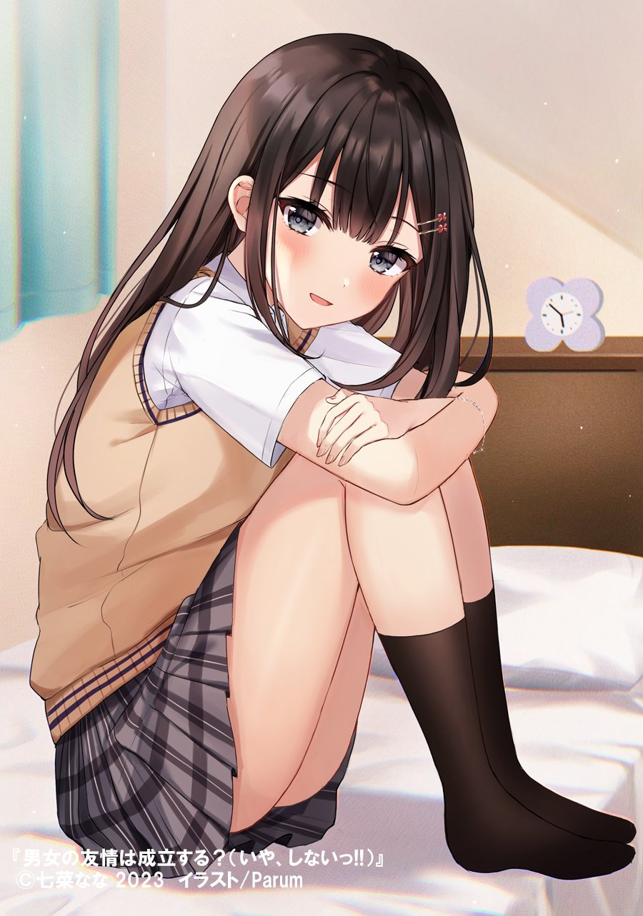 1girl arms_on_knees artist_name black_eyes black_hair black_socks blush brown_cardigan brown_sweater cardigan checkered_clothes checkered_skirt clock collared_shirt commentary_request copyright_name copyright_notice crossed_arms curtains danjo_no_yuujou_wa_seiritsu_suru? enomoto_rion hair_ornament hairclip head_tilt highres indoors knees_up leaning_forward legs_together long_hair looking_at_viewer looking_to_the_side miniskirt official_art on_bed parum39 pillow pleated_skirt school_uniform second-party_source shirt sitting skirt smile socks solo sweater thighs white_shirt