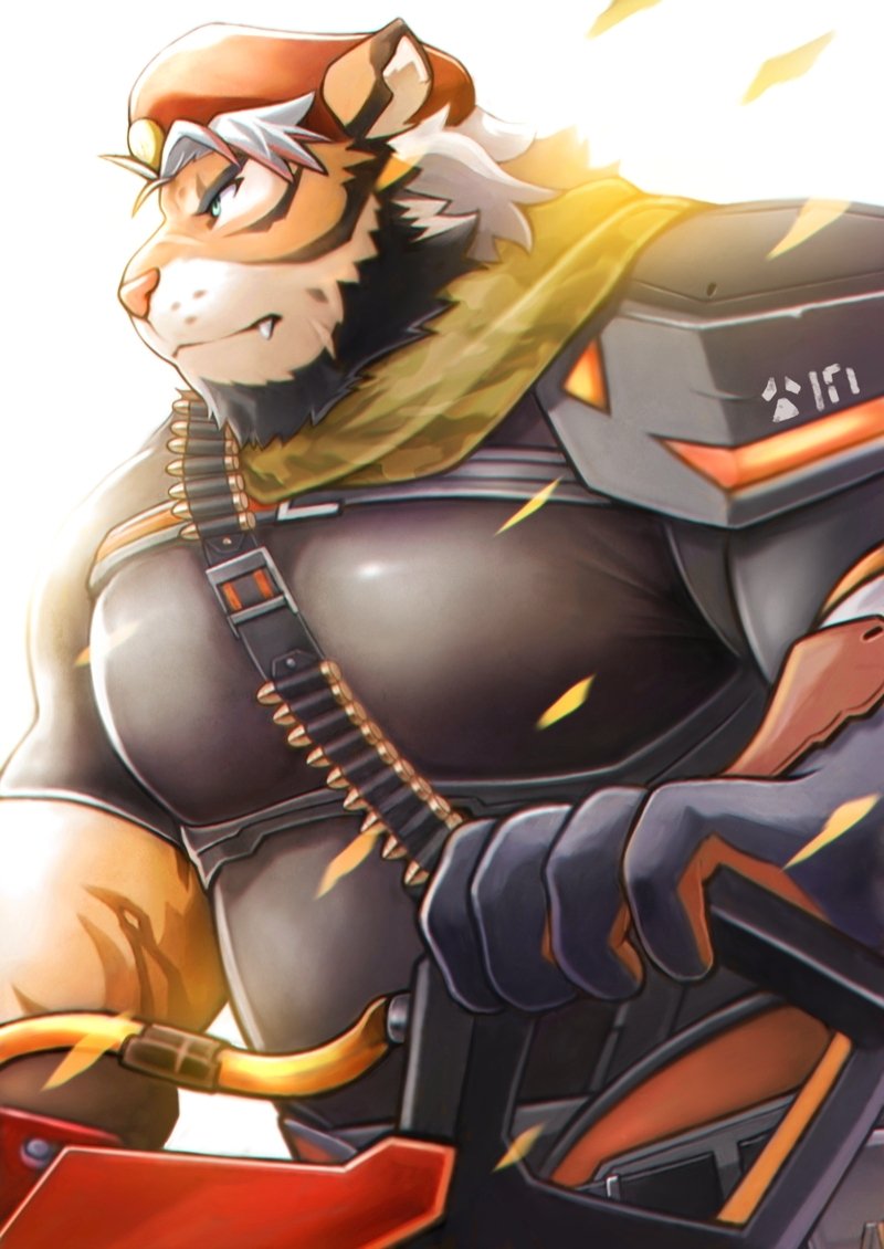 1boy animal_ears armor bandolier bara beard beret camouflage_scarf chest_harness facial_hair fang full_beard furry furry_male gloves harness hat holding holding_weapon kemokemumaki large_pectorals looking_to_the_side male_focus muscular muscular_male pauldrons pectorals profile short_sleeves shoulder_armor simple_background single_pauldron solo tiger_boy tiger_ears tokyo_afterschool_summoners upper_body weapon white_background white_hair willie_wildcat_(housamo)