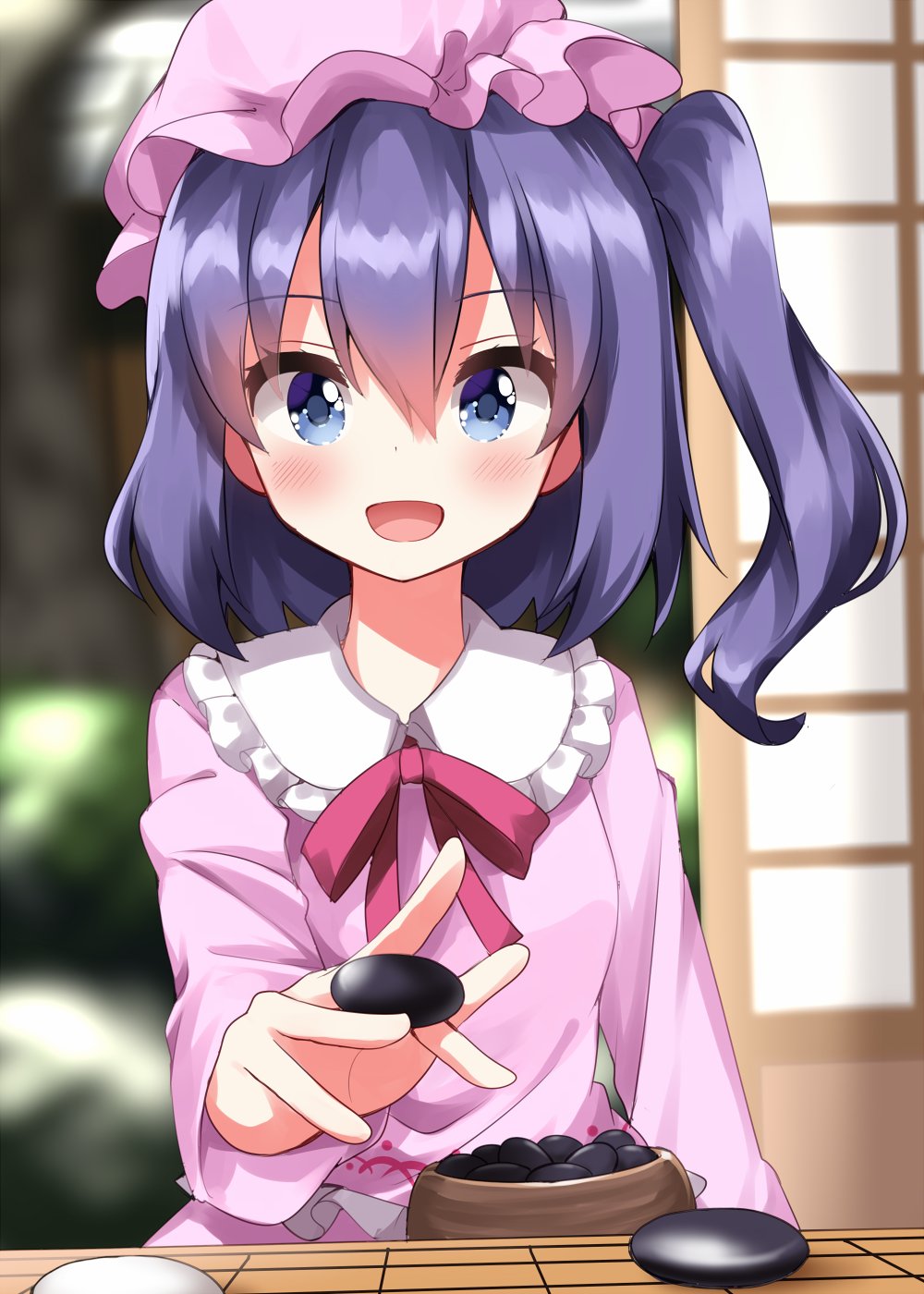 1girl :d board_game breasts collared_shirt commentary_request go_(board_game) hat highres long_sleeves medium_hair mob_cap pink_hat pink_ribbon pink_shirt playing_games portrait_of_exotic_girls purple-haired_oekaki_girl_(touhou) purple_eyes purple_hair ribbon ruu_(tksymkw) shirt sliding_doors small_breasts smile solo touhou upper_body