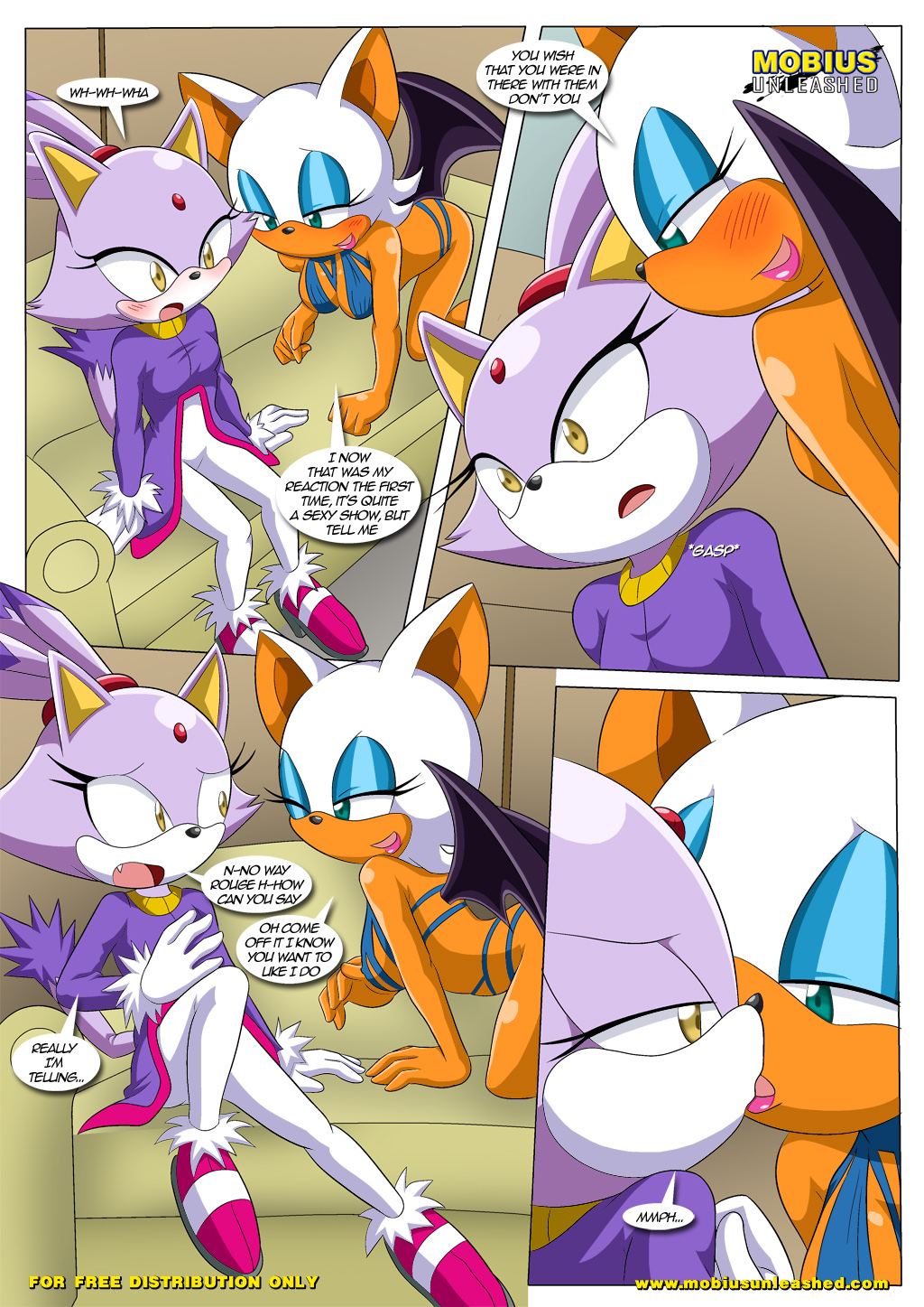 bbmbbf blaze_the_cat blush clothing comic dialog female kissing lesbian mobius_unleashed palcomix rouge_the_bat sega sonic_(series) text