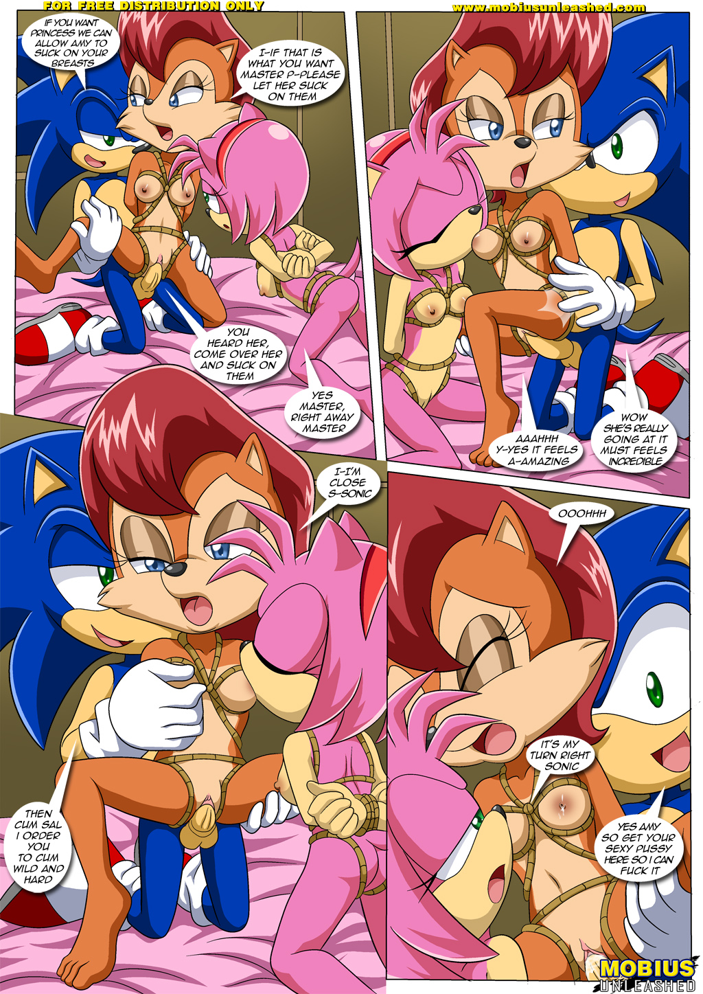anthro bbmbbf bdsm bisexual bondage bound breast_grab breast_suck breasts comic dialog female group group_sex hedgehog male mammal mobius_unleashed nipples nude palcomix penis pussy sally_acorn sega sex sonic_(series) sonic_the_hedgehog text threesome vaginal