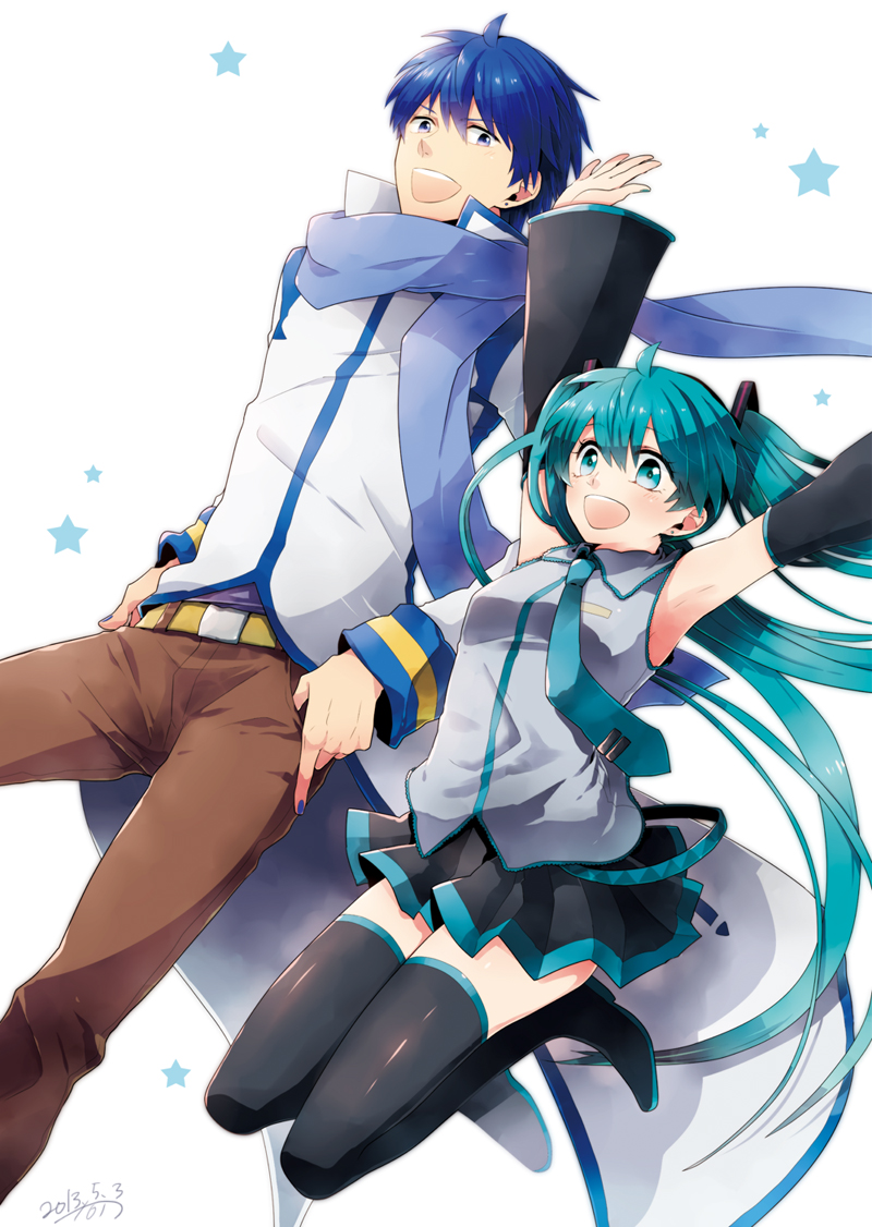 1girl 2013 aqua_nails armpits arms_up bad_id bad_pixiv_id belt blue_eyes blue_hair blue_nails blue_scarf boots dated detached_sleeves green_eyes green_hair hatsune_miku irono_(irtyu) kaito long_hair nail_polish necktie open_mouth scarf skirt star thigh_boots thighhighs twintails very_long_hair vocaloid white_background