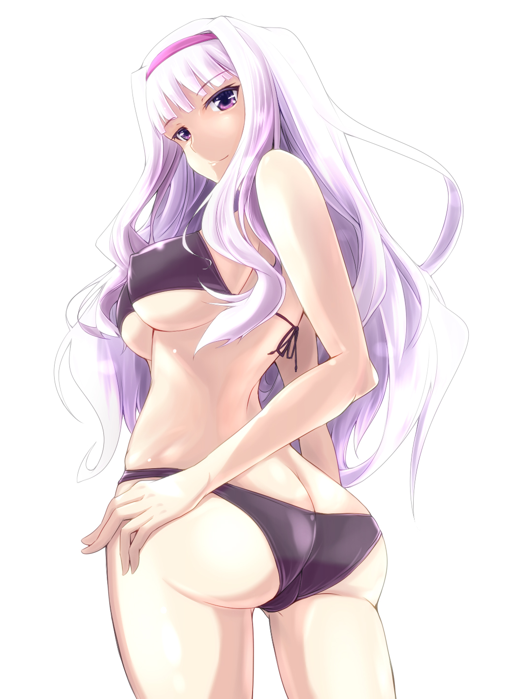 ass bad_id bad_pixiv_id bikini breasts butt_crack covered_nipples from_behind hairband highres idolmaster idolmaster_(classic) kichihachi large_breasts long_hair looking_back purple_eyes shijou_takane solo swimsuit trefoil underboob white_hair