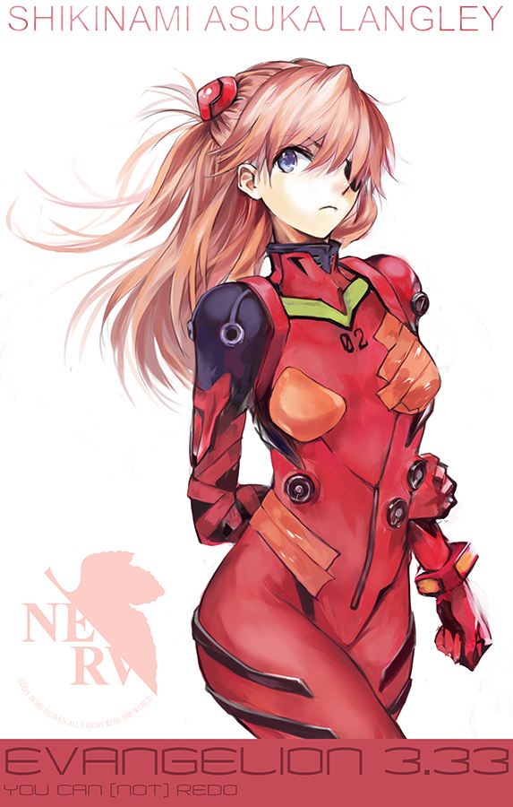 arm_behind_back bangs blue_eyes bodysuit bracer breasts character_name clenched_hand copyright_name cowboy_shot duct_tape english evangelion:_3.0_you_can_(not)_redo eyepatch floating_hair from_side frown gloves hair_ornament hair_over_one_eye headgear holding_arm logo long_hair looking_at_viewer neon_genesis_evangelion nerv number orange_hair pilot_suit plugsuit qianshuhao rebuild_of_evangelion serious shikinami_asuka_langley simple_background small_breasts solo souryuu_asuka_langley turtleneck two_side_up white_background