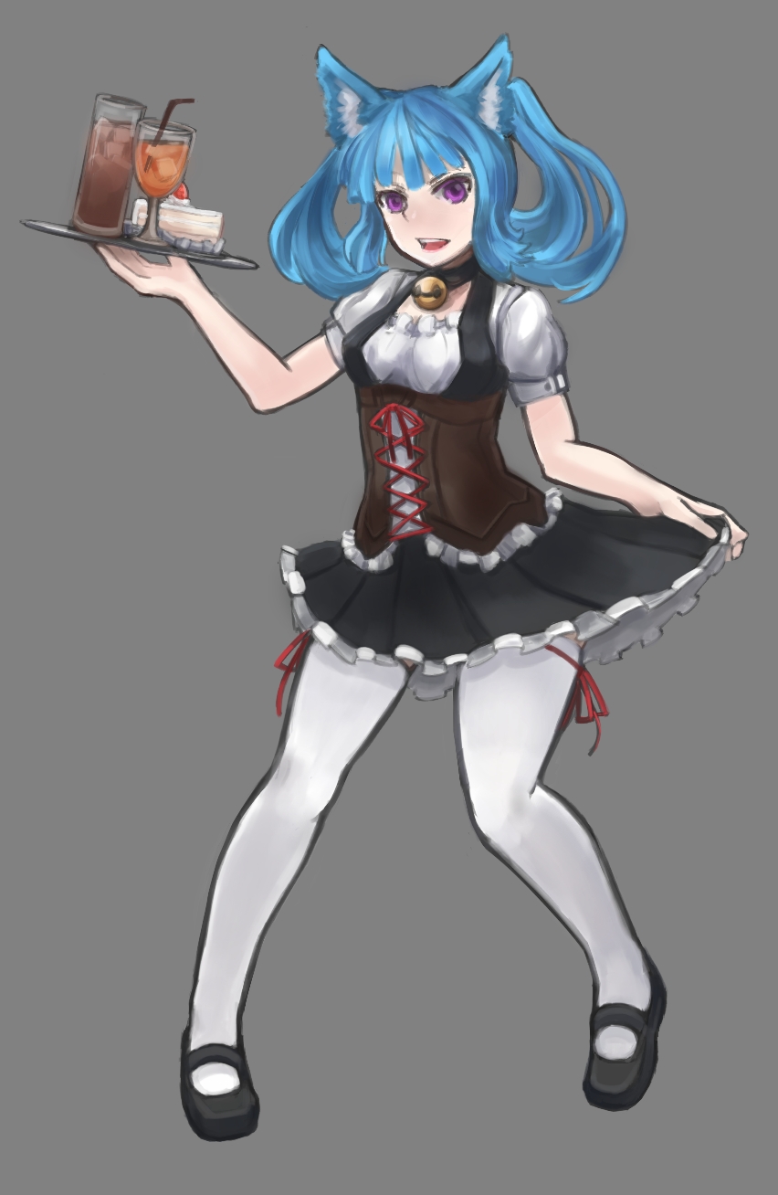 arceonn bell bell_collar blue_hair breasts cake collar copyright_request corset curtsey drink food full_body highres long_hair mary_janes purple_eyes ribbon shoes simple_background skirt small_breasts solo thigh_ribbon thighhighs tray two_side_up waitress white_legwear