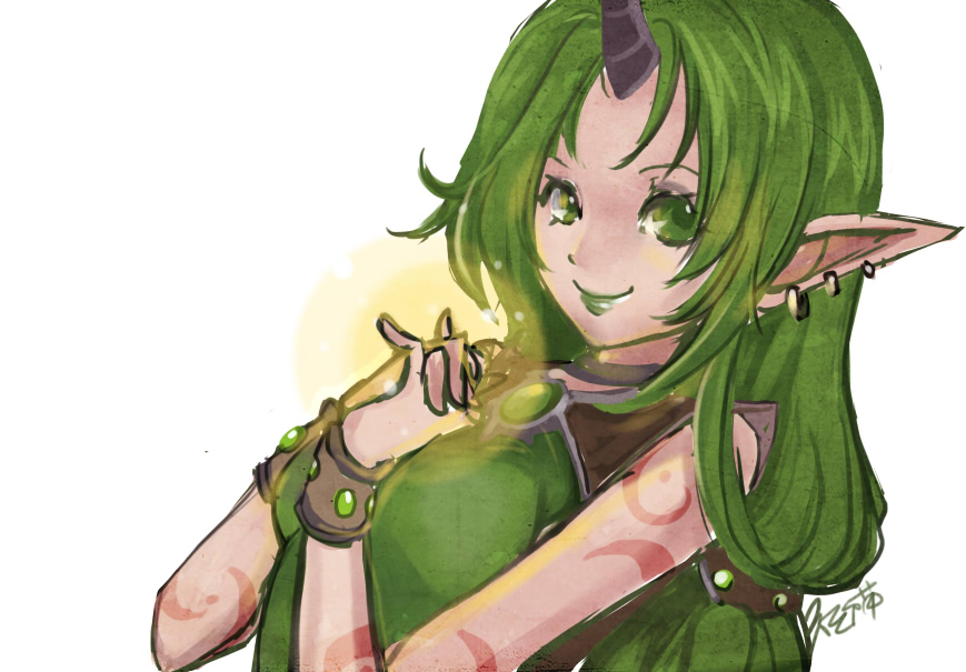 aa2233a alternate_costume bracelet dryad_soraka earrings green_eyes green_hair green_lipstick hands_clasped horn jewelry league_of_legends lipstick long_hair makeup own_hands_together pointy_ears ponytail smile solo soraka tattoo very_long_hair