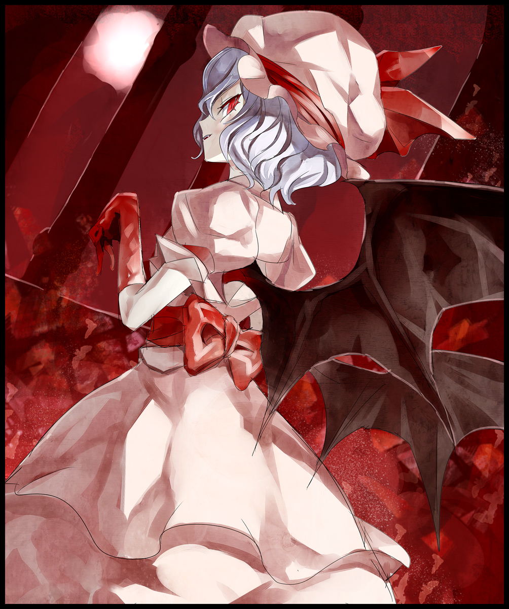 bad_id bad_pixiv_id banned_artist bat_wings blood blue_hair dress from_behind hat highres kozou_(soumuden) open_mouth red_eyes remilia_scarlet short_hair smile solo touhou white_dress wings