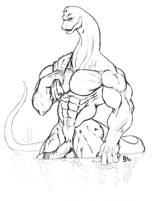 anthro balls biceps big_penis dinosaur erection half-erect male muscles nude pecs penis pose presenting reptile scales scalie sketch solo standing sudonym toned towel water wet