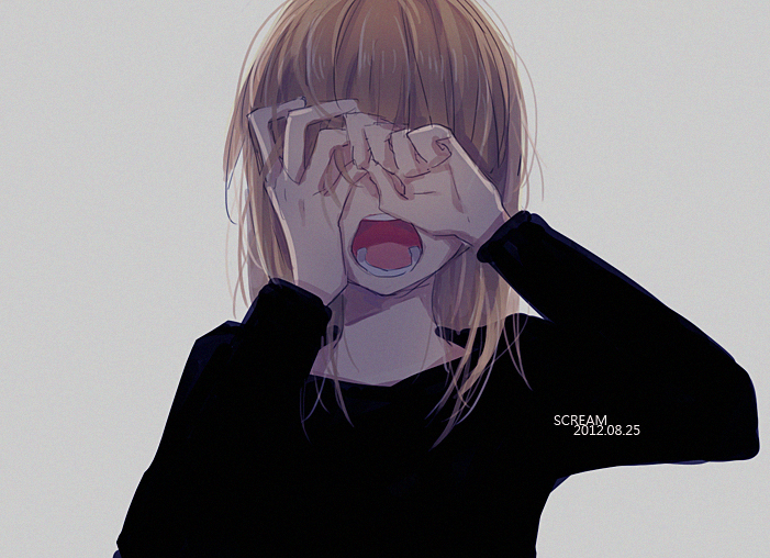 black_shirt blonde_hair copyright_request covering_eyes dated english grey_background io_(sinking=carousel) long_sleeves open_mouth shirt simple_background solo upper_body