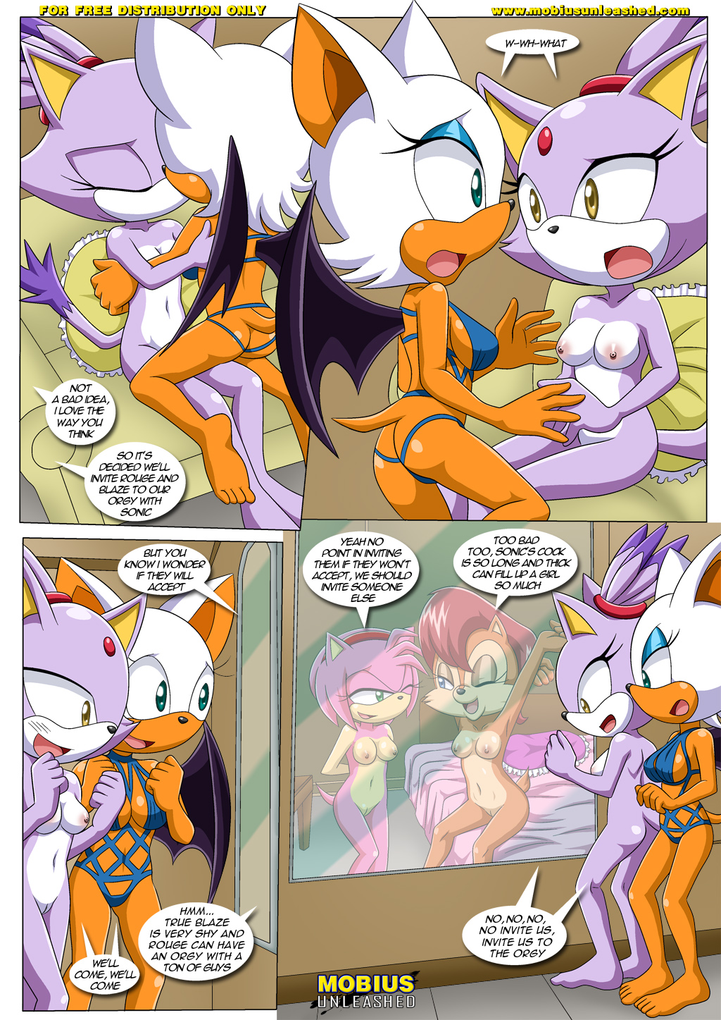 anthro blaze_the_cat breasts clothing comic dialog female kissing lesbian mobius_unleashed nude rouge_the_bat sally_acorn sega sonic_(series) text