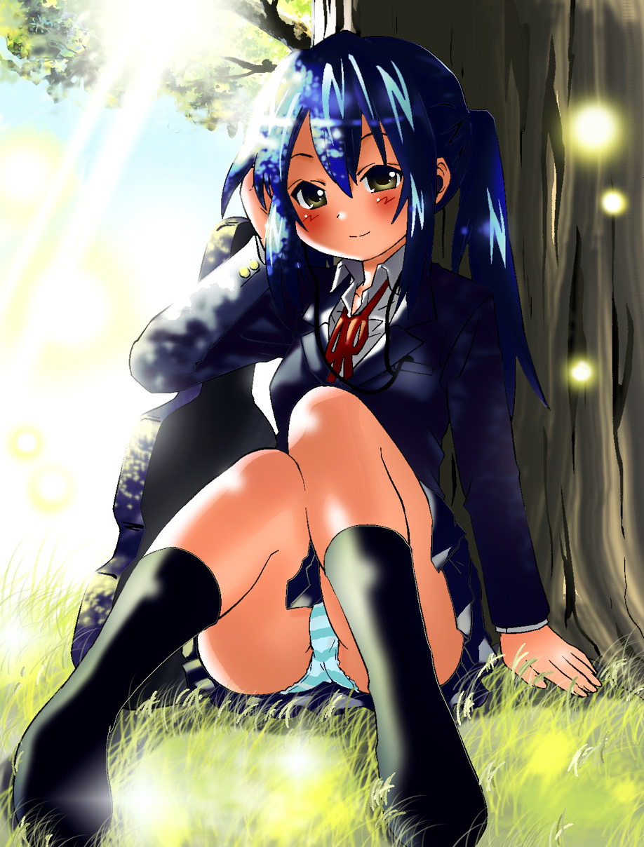 against_tree akira_(umihan) black_legwear blue_hair blush guitar_case highres instrument_case k-on! nakano_azusa no_shoes panties sakuragaoka_high_school_uniform school_uniform sitting smile socks solo striped striped_panties tree underwear