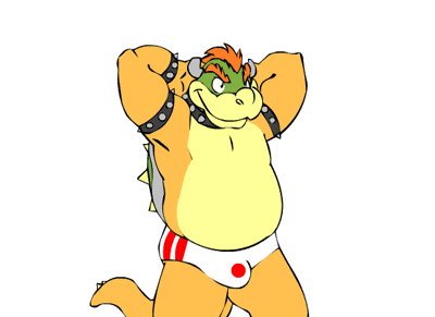 animated anthro arms_behind_head bowser bulge chubby collar eclipticafusion flexing hair horn human king koopa male mammal mario_bros muscles nintendo open_mouth plain_background pose reptile royalty scalie shell smile solo speedo spikes swimsuit turtle underwear unknown_artist video_games white_background wreck-it_ralph wristband