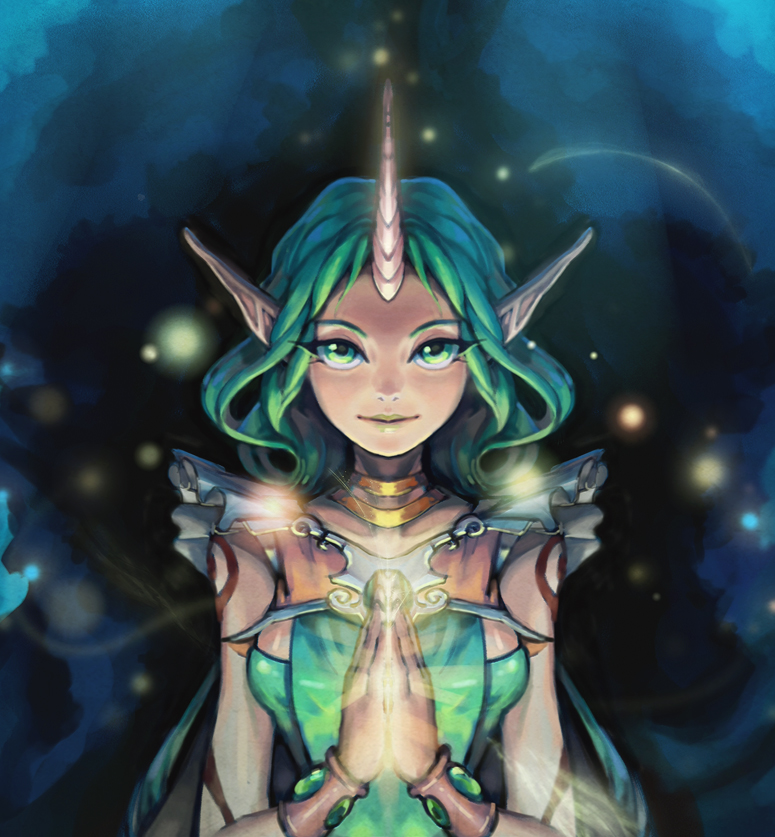alternate_costume artist_request bracelet breasts dryad_soraka green_eyes green_hair green_lipstick hands_clasped horn jewelry league_of_legends lipstick long_hair makeup medium_breasts own_hands_together pointy_ears smile solo soraka tattoo very_long_hair
