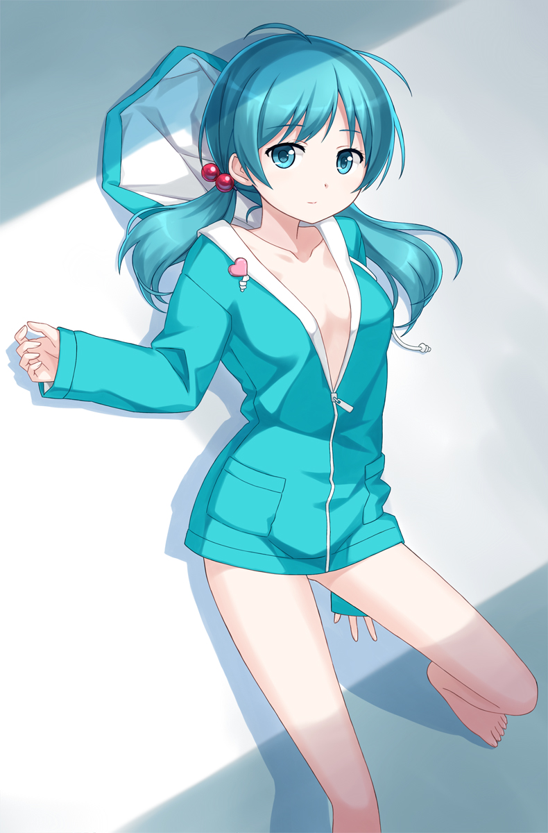 alternate_costume ass_visible_through_thighs bare_legs barefoot blue_eyes blue_hair breasts collarbone hair_bobbles hair_ornament highres hood hoodie kawashiro_nitori long_hair long_sleeves looking_at_viewer medium_breasts midriff naked_hoodie no_bra smile solo touhou tucana twintails zipper