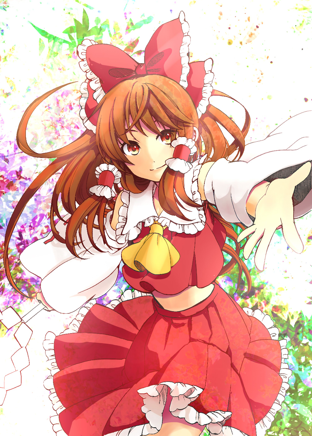a4size_(yui-mio) ascot bad_id bad_pixiv_id bow brown_eyes brown_hair colorized gohei hair_bow hair_tubes hakurei_reimu highres long_hair looking_at_viewer midriff outstretched_arm smile solo touhou