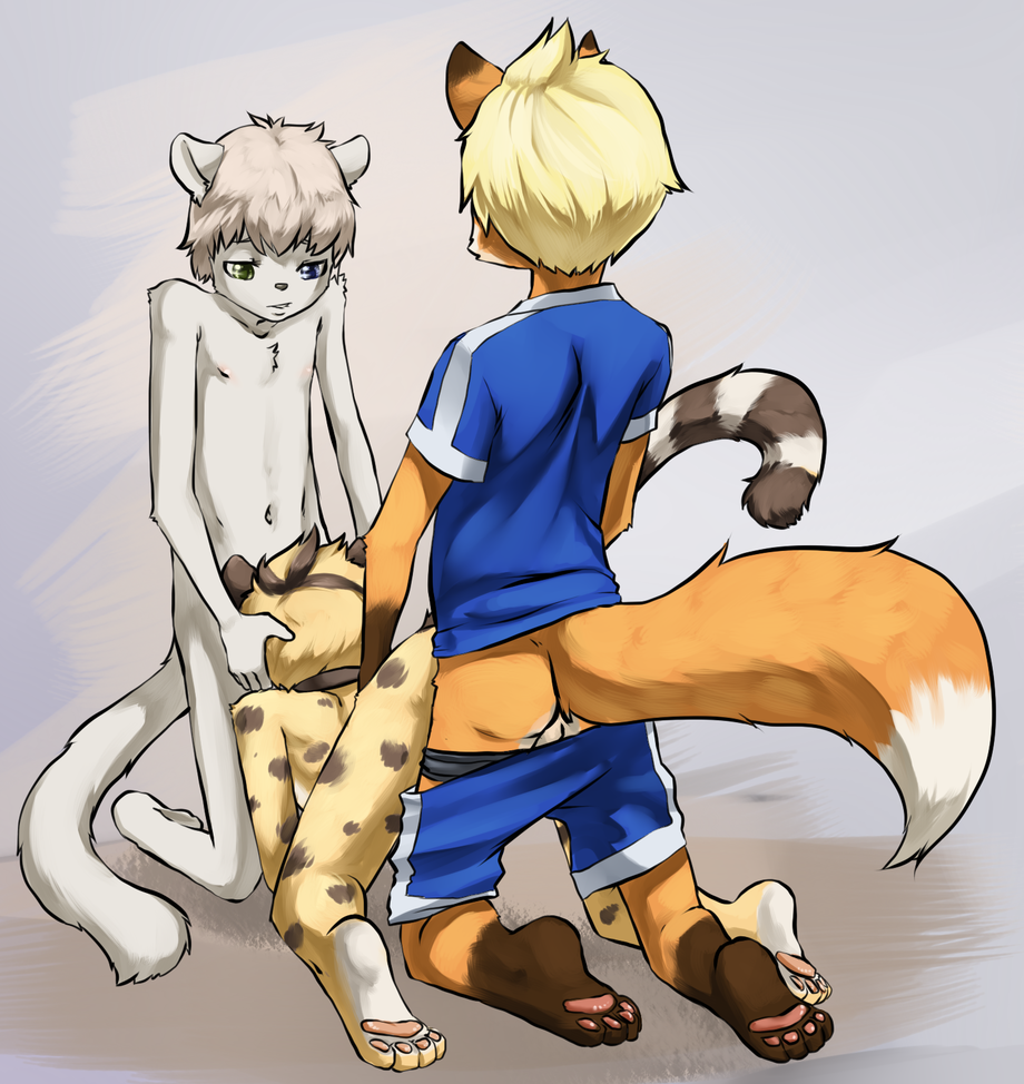 ambiguous_gender aogami canine cheetah clothing cub feline fox group male oral penetration plain_background shorts spitroast threesome underwear young
