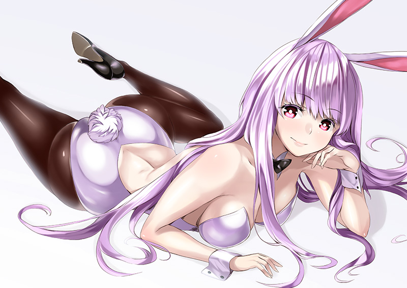 animal_ears bad_id bad_pixiv_id breasts brown_legwear bunny_ears bunny_girl bunny_tail bunnysuit detached_collar hand_on_own_cheek high_heels kyon_(fuuran) large_breasts long_hair lying on_stomach pantyhose purple_eyes purple_hair reisen_udongein_inaba shoes smile solo tail touhou wrist_cuffs