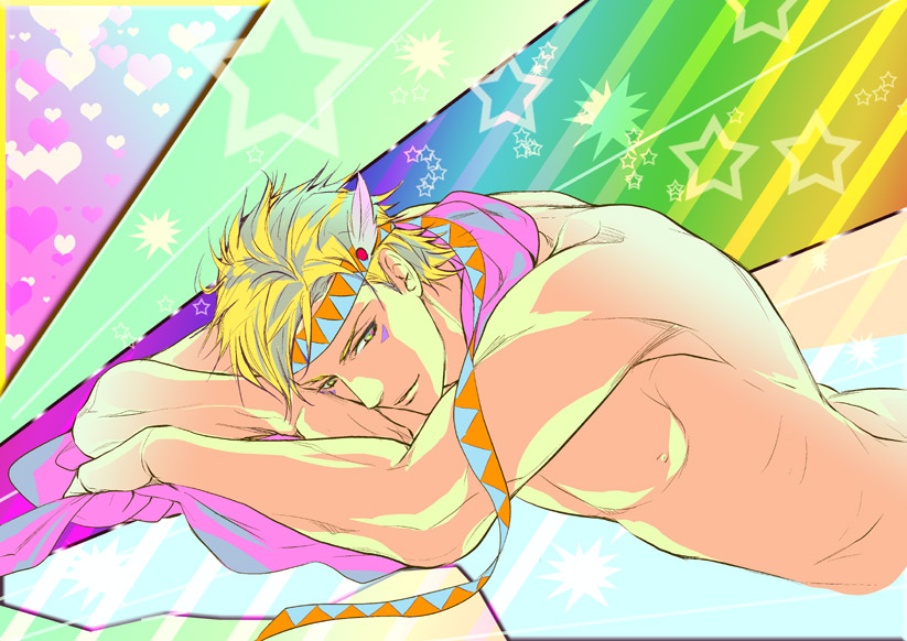 bad_id bad_pixiv_id blonde_hair boruneotou caesar_anthonio_zeppeli colorful diagonal_stripes fabulous feathers green_eyes hair_feathers headband heart jojo_no_kimyou_na_bouken looking_at_viewer male_focus muscle nude pectorals rainbow_gradient scarf solo star striped