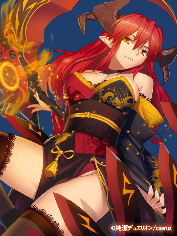 bare_shoulders blue_background copyright_name detached_sleeves horns junketsu_duelion light_smile long_hair official_art pointy_ears red_hair scythe simple_background solo thighhighs translated yangsion yellow_eyes zuihou_oboro