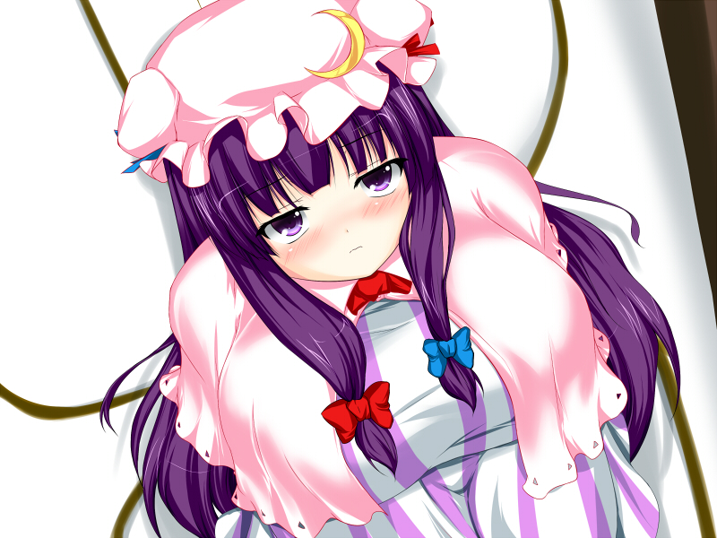 blush breasts capelet crescent hat hoshizuki_(seigetsu) huge_breasts long_hair patchouli_knowledge solo touhou upper_body
