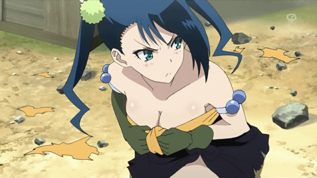 16:9 angry animated animated_gif black_hair breasts covering covering_breasts gloves green_eyes hair_ornament hibachi_(mushibugyou) mushibugyou outdoors screencap twintails tying