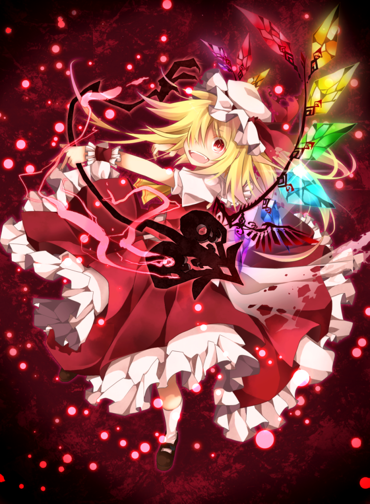 ascot blonde_hair bow fang flandre_scarlet frilled_skirt frills glowing glowing_wings hair_over_one_eye hat hat_ribbon laevatein lights open_mouth outstretched_arm puffy_sleeves red_eyes ribbon sash shirt short_sleeves side_ponytail skirt skirt_set smile solo touhou toutenkou vest wings wrist_cuffs