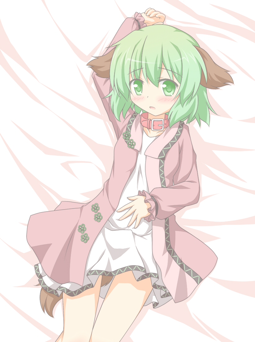 :o animal_ears arm_up blush collar dress green_eyes green_hair hand_on_own_stomach kasodani_kyouko long_sleeves lying on_back on_bed open_clothes open_dress shino_megumi short_hair solo tail touhou