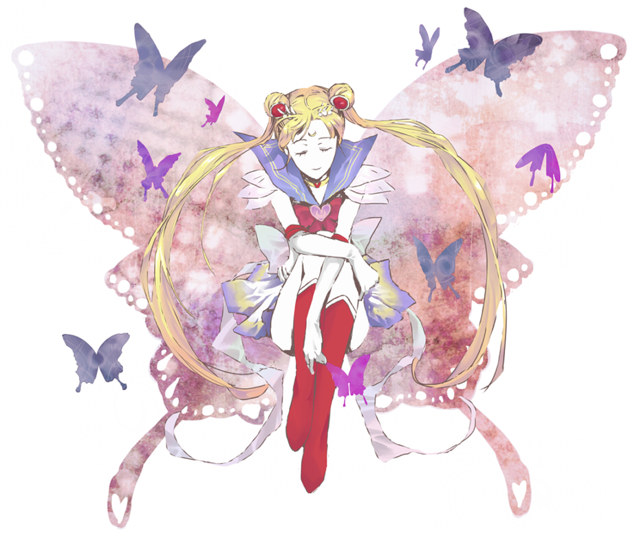 back_bow bishoujo_senshi_sailor_moon blonde_hair blue_sailor_collar boots bow bug butterfly butterfly_wings double_bun elbow_gloves facial_mark forehead_mark full_body gloves insect knee_boots long_hair no_nose realta88 red_bow red_footwear sailor_collar sailor_moon sailor_senshi_uniform sitting solo super_sailor_moon tsukino_usagi twintails white_gloves wings