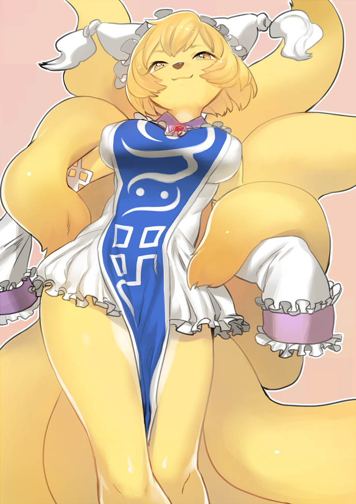 blonde_hair breasts canine detached_sleeves female fox fox_tail hair hat looking_at_viewer mammal mochizuki_anko multiple_tails ran_yakumo short_hair smile solo touhou yellow_eyes