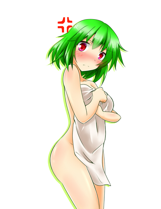 anger_vein ass blush breasts covering covering_breasts green_hair kazami_yuuka large_breasts looking_at_viewer nude nude_cover red_eyes rody_(hayama_yuu) simple_background solo touhou towel white_background