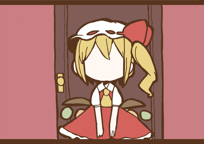 adomi blonde_hair comic door flandre_scarlet hat hat_ribbon letterboxed millipen_(medium) ribbon side_ponytail silent_comic solo touhou traditional_media wings
