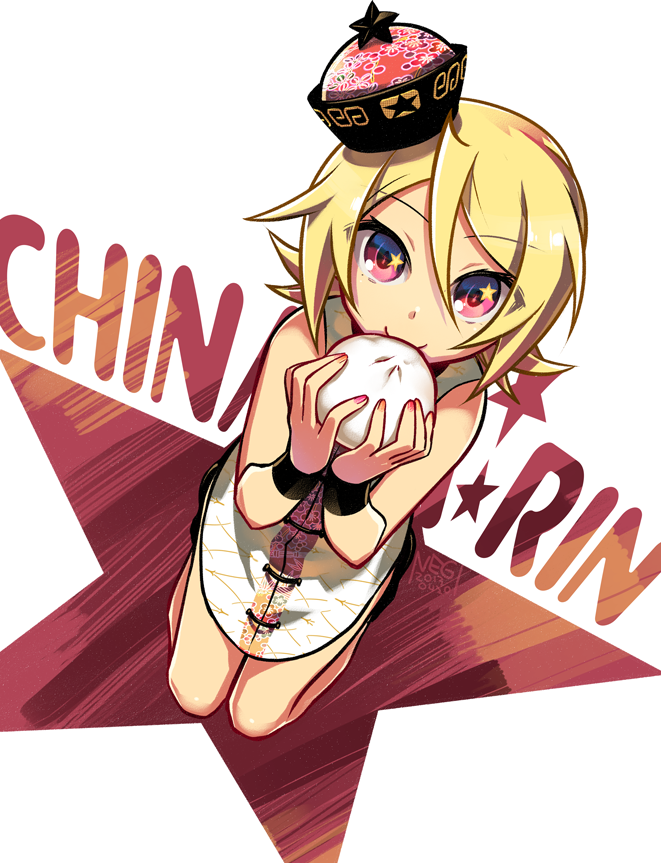 2013 alternate_costume alternate_eye_color artist_name baozi blonde_hair blush character_name chinese_clothes dated dutch_angle eyebrows_visible_through_hair flipped_hair floral_print food foreshortening from_above full_body hair_between_eyes hat holding holding_food kagamine_rin kneeling looking_at_viewer nail_polish negi_(ulog'be) red_eyes red_nails short_hair sleeveless smile star vocaloid white_background wristband