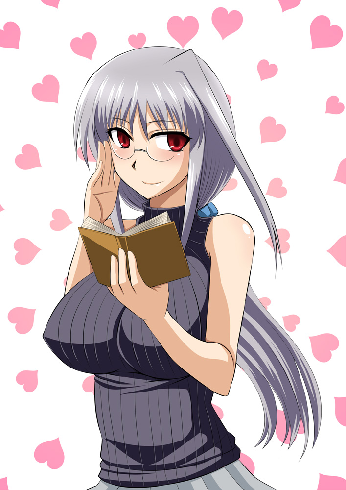 alternate_hairstyle bare_shoulders book breasts glasses heart large_breasts long_hair lyrical_nanoha mahou_shoujo_lyrical_nanoha mahou_shoujo_lyrical_nanoha_a's ponytail red_eyes reinforce silver_hair single_hair_intake sleeveless smile solo zerosu_(take_out)