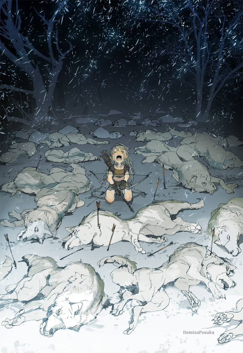 1girl animal arrow arrow_in_body artist_name bare_arms bare_legs bow_(weapon) braid child corpse crying death demizu_posuka eyes_closed grey_hair highres holding holding_bow_(weapon) holding_weapon long_hair lying night open_mouth original outdoors quiver shirt short_sleeves shorts snow snowing solo streaming_tears tears twin_braids very_long_hair weapon white_wolf wolf