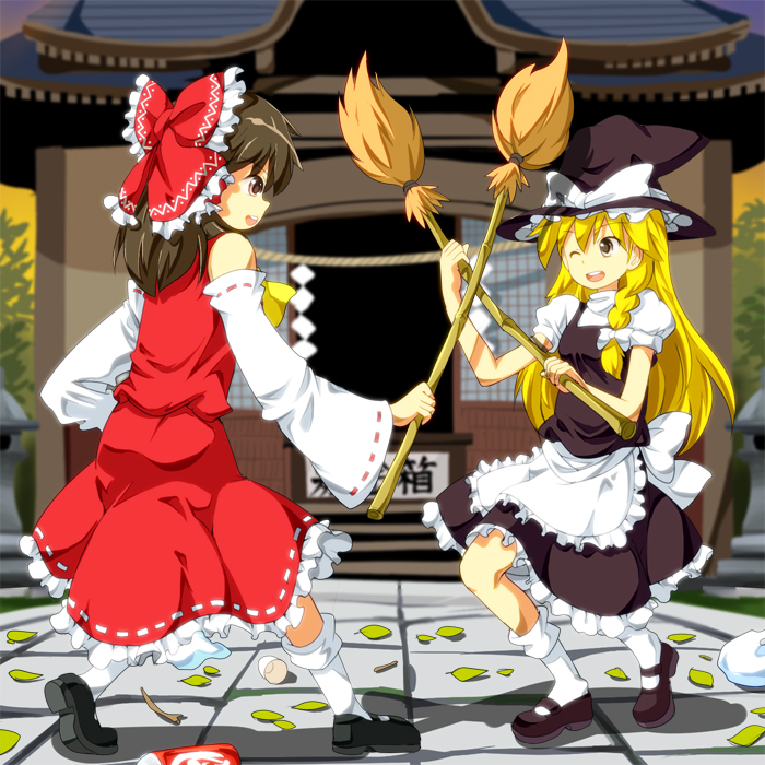 blonde_hair bow broom brown_hair hair_bow hakurei_reimu hat kirisame_marisa long_hair multiple_girls one_eye_closed open_mouth ruu_(tksymkw) smile touhou witch_hat