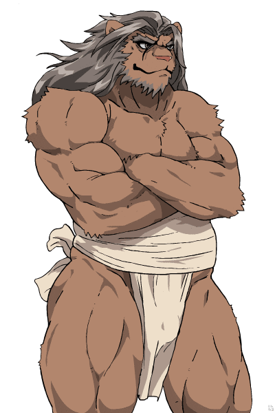 anthro bandage biceps big_muscles bulge chest_tuft crossed_arms feline fundoshi fur grin hair incarnata lion loincloth male mammal monochrome muscles pecs plain_background pose sash smile solo standing topless tuft underwear unknown_artist white_background windy