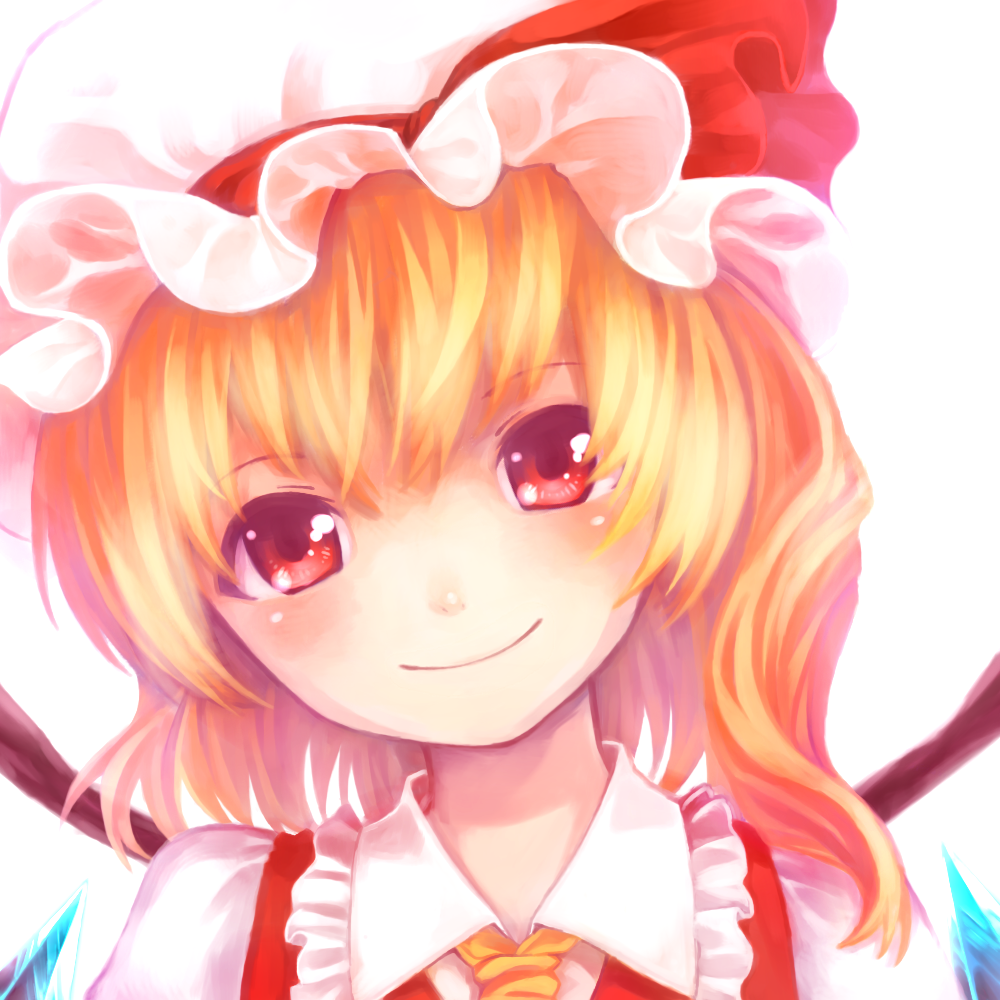 ascot blonde_hair blush close-up closed_mouth face flandre_scarlet hat hat_ribbon head_tilt miina portrait red_eyes ribbon short_hair side_ponytail simple_background smile solo touhou white_background wings