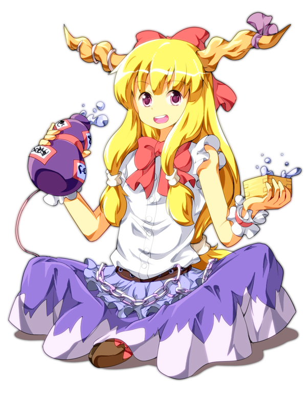 blonde_hair bow chain horns ibuki_suika long_hair looking_at_viewer open_mouth ruu_(tksymkw) simple_background solo touhou very_long_hair white_background