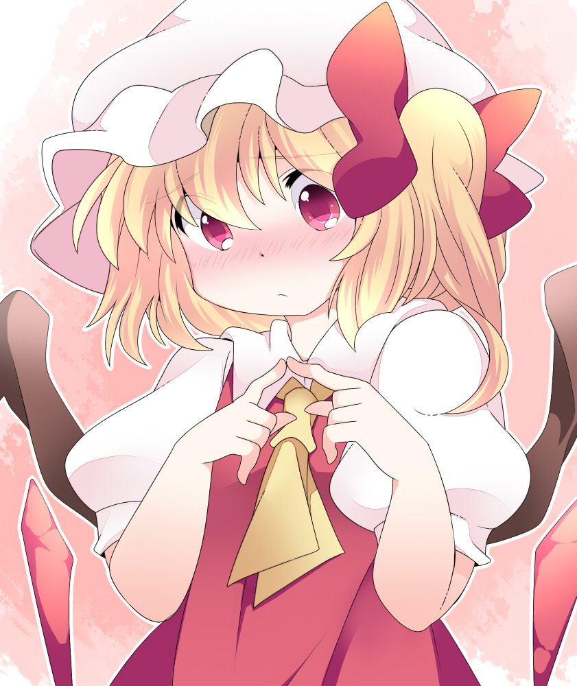 ascot bad_id bad_pixiv_id blonde_hair blush fidgeting flandre_scarlet hammer_(sunset_beach) hat red_eyes short_hair side_ponytail solo touhou upper_body wings