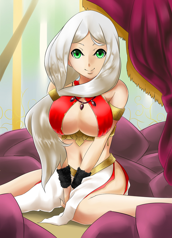bare_shoulders breasts character_request green_eyes large_breasts long_hair looking_at_viewer lord_of_vermilion midriff navel silver_hair sitting smile solo souren underboob wariza