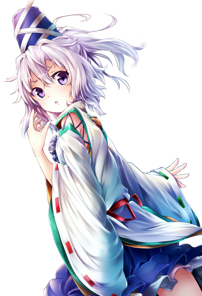 :o detached_sleeves hand_up hat japanese_clothes kagkfc1z looking_at_viewer looking_back mononobe_no_futo outstretched_arm pom_pom_(clothes) ponytail purple_eyes ribbon short_hair silver_hair simple_background skirt sleeves_past_wrists solo tate_eboshi touhou white_background wide_sleeves